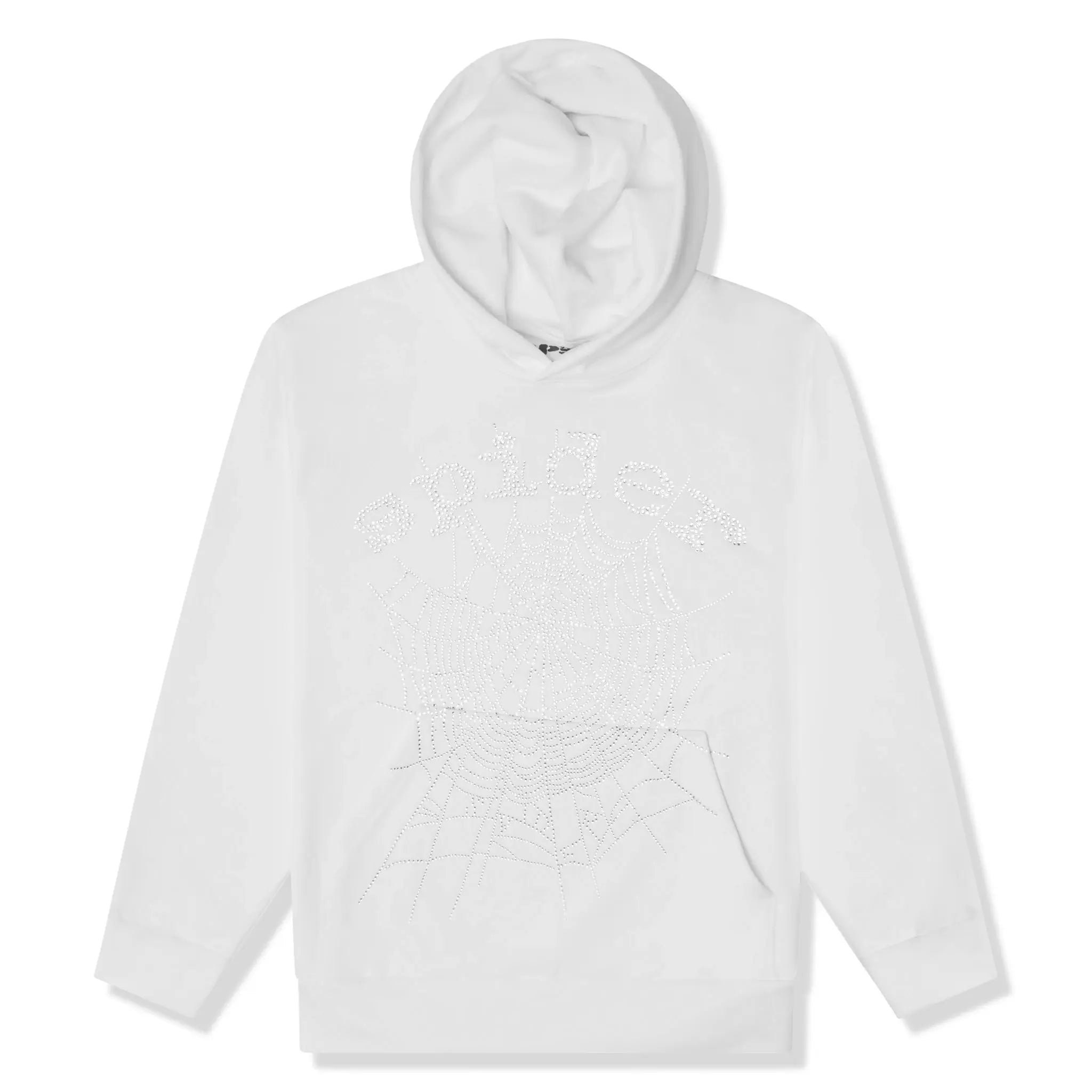 Front view of Sp5der OG Rhinestone Logo White Hoodie